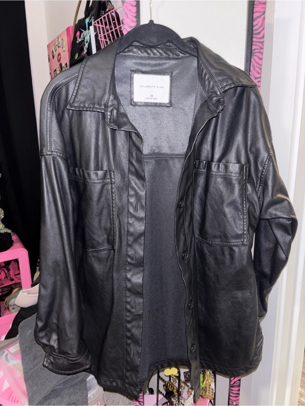 (SIZE XS) Celebrity Pink Black Faux Leather Jacket
